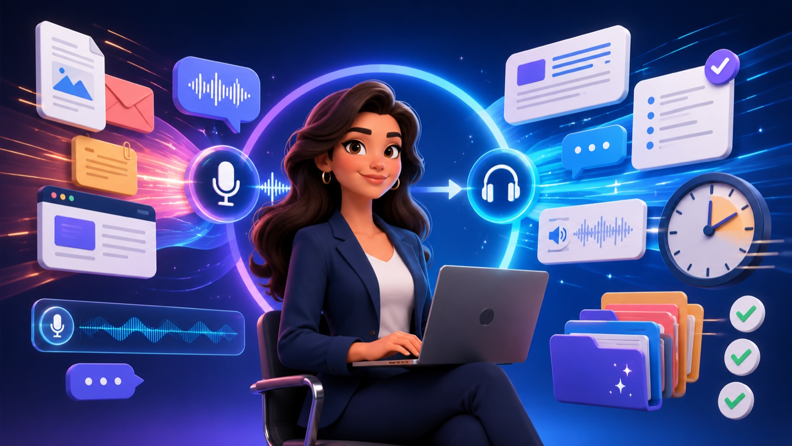 A Clariva user moving naturally between speech, listening, documents and writing.